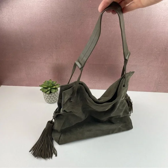 All Saints Cow Leather Gray Black Tassel Purse Bag Liberty Hobo Slouchy - Picture 5 of 12